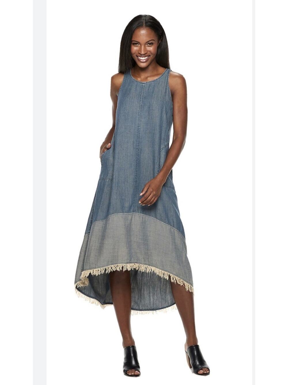 Hope & Harlow Denim Chambray Dress Linen blend Midi fringe high low hem sz 6